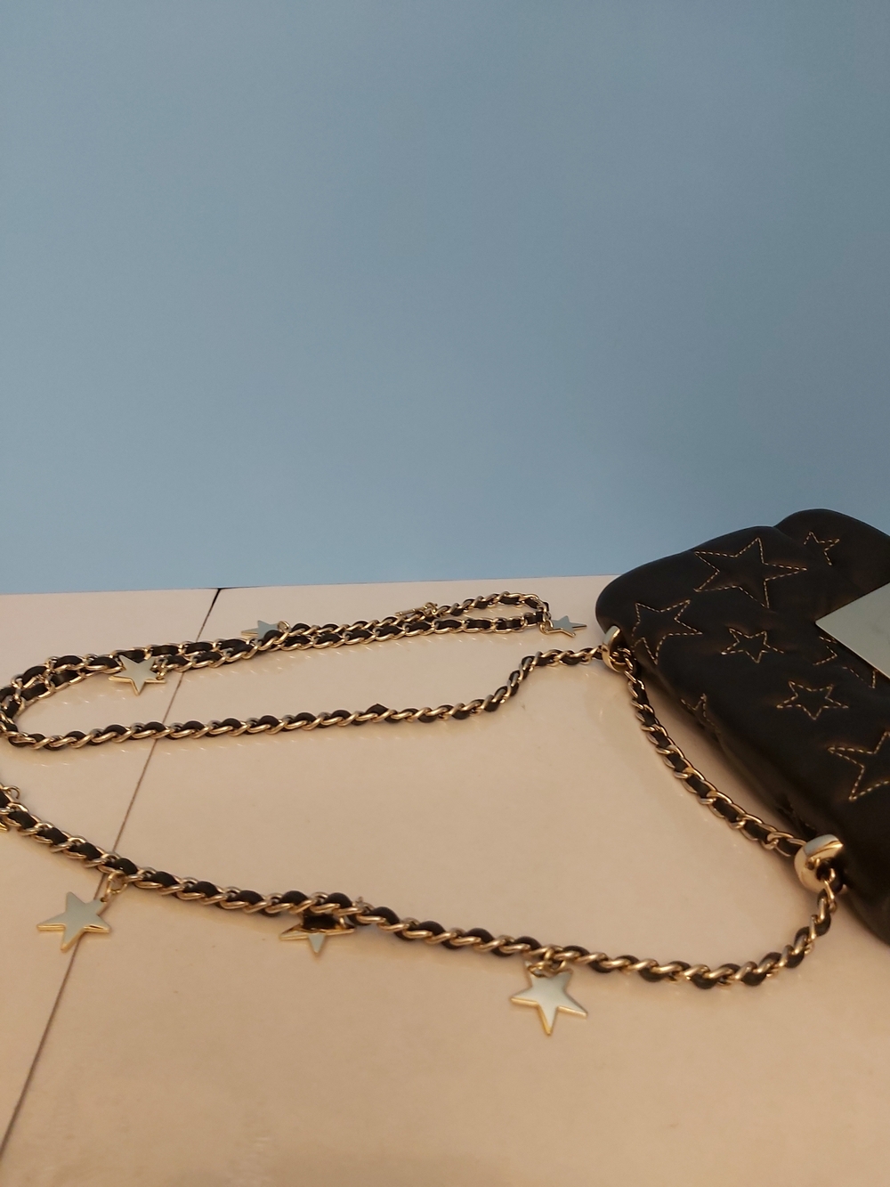 Black Star-Accent Quilted Leather Shoulder Bag with Gold Chain - Picture 14 of 16